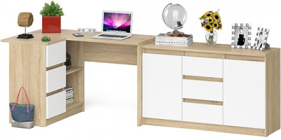 Мори Стол компьютерный МС-16 левый + Комод МК1200.3, цвет дуб сонома/белый, ШхГхВ 244,8х84,9х76,6 см., выдвижные ящики слев, НЕ универсальная сборкаа