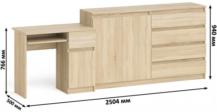Мори компьютерный стол МС-1 правый + Комод МК1600.1, дуб сонома