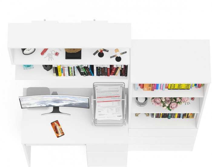 Мори Стол компьютерный МС-1 правый + Стеллаж МСТ600.3 + Полка 900, цвет белый, ШхГхВ 150,4х50х209,6 см., НЕ универсальная сборка