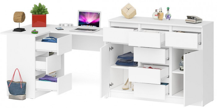 Мори Стол компьютерный МС-16 левый + Комод МК1200.4, цвет белый, ШхГхВ 244,8х84,9х94 см., выдвижные ящики слева, НЕ универсальная сборка
