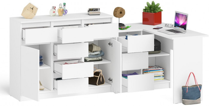 Мори Стол компьютерный МС-16 левый + Комод МК1200.4, цвет белый, ШхГхВ 244,8х84,9х94 см., выдвижные ящики слева, НЕ универсальная сборка
