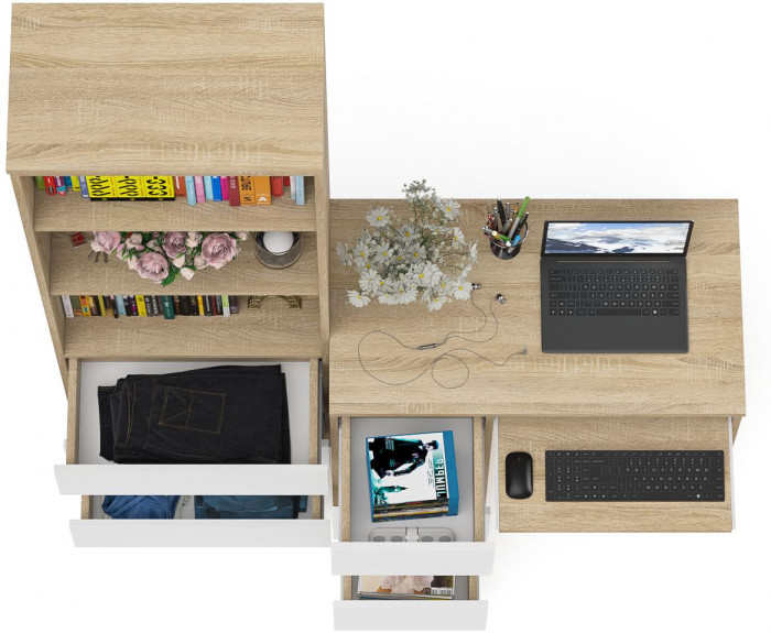 Мори компьютерный стол МС-6 левый + Стеллаж МСТ600.3, дуб сонома/белый