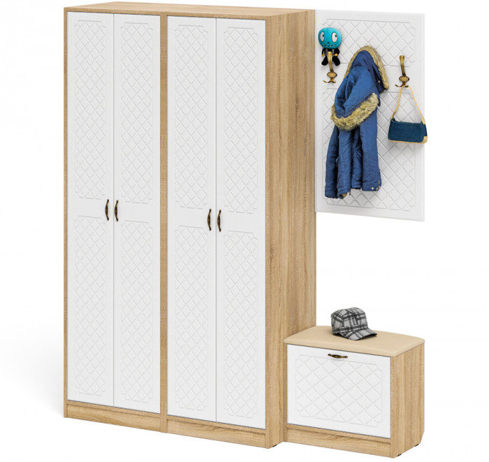 Прихожая П-6 Компоновка № 09, цвет дуб сонома/фасады МДФ белое дерево фрезеровка ромб, ШхГхВ 180х50х210 см., универсальная сборка