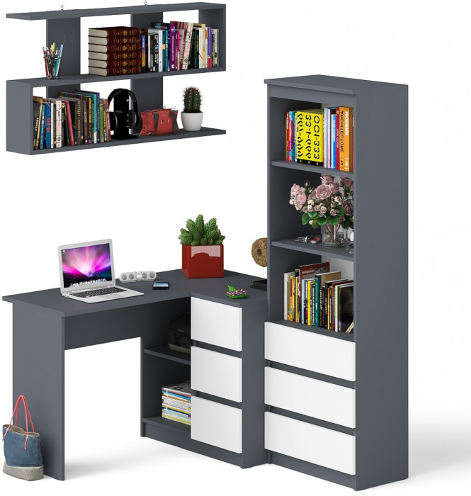 Мори компьютерный стол МС-16 правый + Стеллаж МСТ600.3 + Полка 1200, графит/белый
