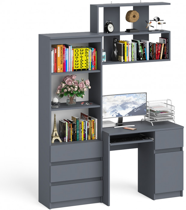Мори Стол компьютерный МС-1 правый + Стеллаж МСТ600.3 + Полка 900, цвет графит, ШхГхВ 150,4х50х209,6 см., НЕ универсальная сборка