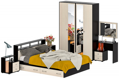 Камелия спальня № 9 Кровать с ящиками 1600 + Две тумбы + Стол космет. + Зеркало + Шкаф 4-х, цвет венге/дуб лоредо, сп.м. 1600х2000 мм., б/м, осн. есть