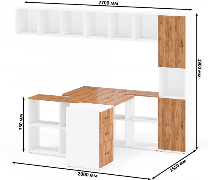 Лидер-8 Стол + Полка + Стол + Полка + Пенал + Тумба МД 3.16, цвет белый шагрень/крафт золото, 410х50/30х75/190 или 270х120/50х75/190 см., НЕ ун. сб.
