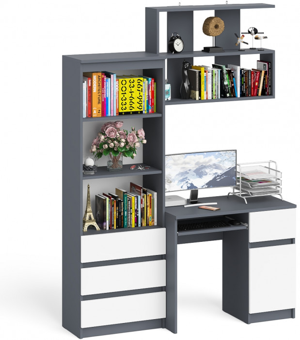 Мори Стол компьютерный МС-1 правый + Стеллаж МСТ600.3 + Полка 900, цвет графит/белый, ШхГхВ 150,4х50х209,6 см., НЕ универсальная сборка