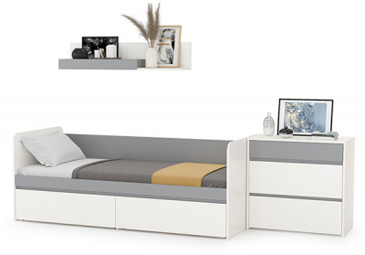 Торонто 11.39 Кровать + 16.475 Полка + 13.321 Комод, белый шагрень/стальной серый