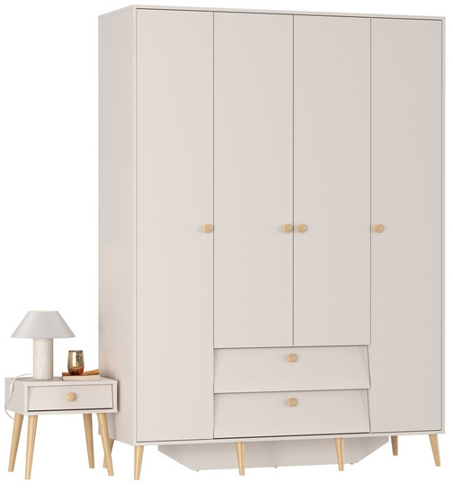 Афина Спальня Шкаф 4-х дверный + Тумба прикроватная, цвет кашемир серый, ШхГхВ 160х56,3х220 + 45х37х45 см., универсальная сборка