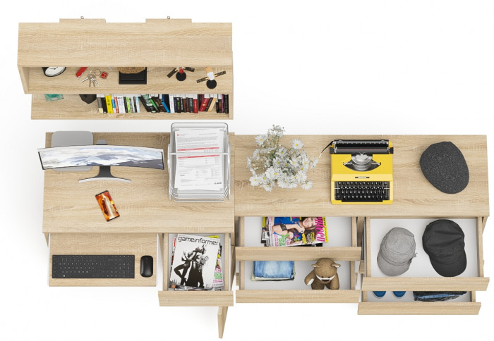 Мори Стол компьютерный МС-1 правый + Комод МК1200.6 + Полка 900, цвет дуб сонома, ШхГхВ 210,4х50х209,6 см., НЕ универсальная сборка