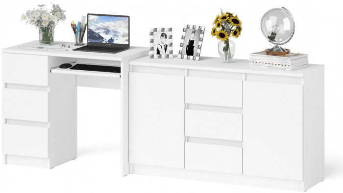 Мори Стол компьютерный МС-6 левый + Комод МК1200.3, цвет белый, ШхГхВ 210,4х50х76,6 см., выдвижные ящики слева, НЕ универсальная сборка