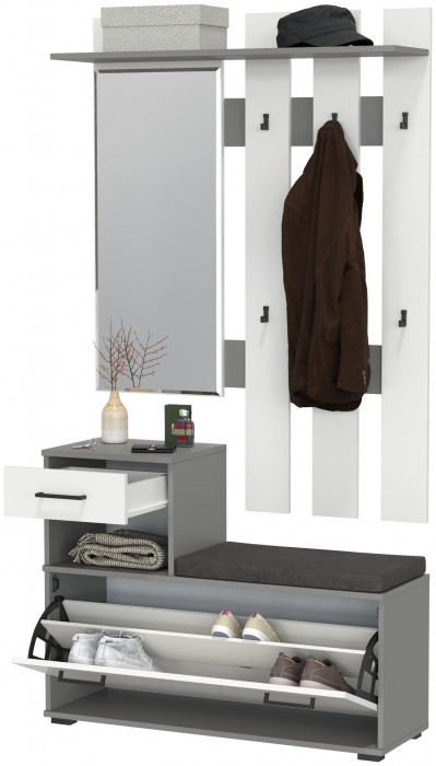 Лира ГК Прихожая 1 2-0714+2-3814 Тумба под обувь + Вешалка с зеркалом, графит/белый