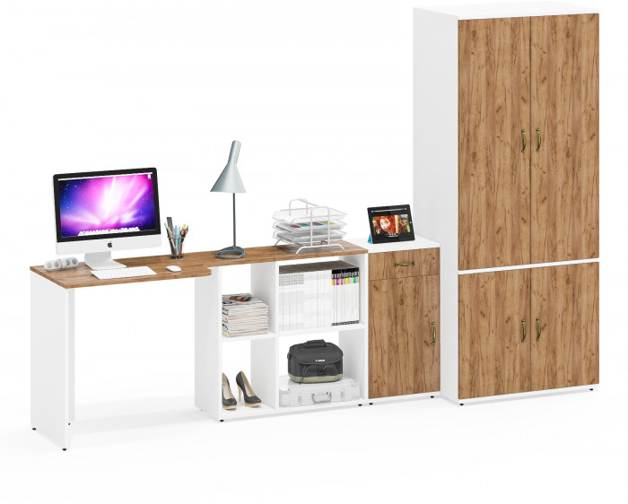 Лидер-8 Стол + Тумба МД 3.15 + Шкаф МД 19Б, цвет белый шагрень/крафт золото, ШхГхВ 285х50/50х75/190 или 115х200/50х75/190 см., НЕ ун. сборка