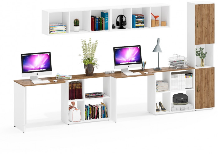 Лидер-8 Стол + Полка + Стол + Полка + Пенал, цвет белый шагрень/крафт золото, ШхГхВ 370х50/30х75/190 или 230х50/120х75/190 см., НЕ универс. сборка