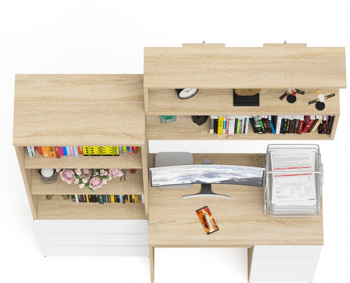 Мори Стол компьютерный МС-1 правый + Стеллаж МСТ600.3 + Полка 900, цвет дуб сонома/белый, ШхГхВ 150,4х50х209,6 см., НЕ универсальная сборка