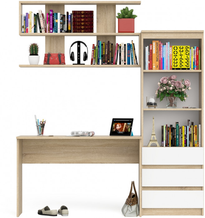 Мори письменный стол МСП1200.1 + Стеллаж МСТ600.3 + Полка 1200, дуб сонома/белый