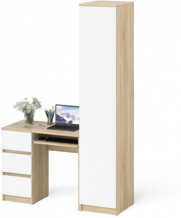 Мори Стол компьютерный МС-6 левый + Пенал МШ400.1, цвет дуб сонома/белый, ШхГхВ 130,4х50,4х209,6 см., выдвижные ящики слева, НЕ универсальная сборка