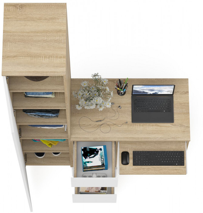 Мори Стол компьютерный МС-6 левый + Пенал МШ400.1, цвет дуб сонома/белый, ШхГхВ 130,4х50,4х209,6 см., выдвижные ящики слева, НЕ универсальная сборка
