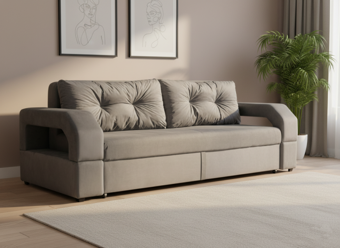 Диван-еврокнижка Манчестер, пружинный блок, 150х195, подсветка, велюр серый