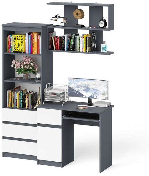 Мори Стол компьютерный МС-1 левый + Стеллаж МСТ600.3 + Полка 900, цвет графит/белый, ШхГхВ 150,4х50х209,6 см., НЕ универсальная сборка