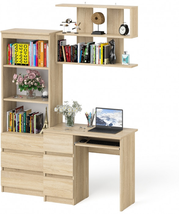 Мори компьютерный стол МС-6 левый + Стеллаж МСТ600.3 + Полка 900, дуб сонома