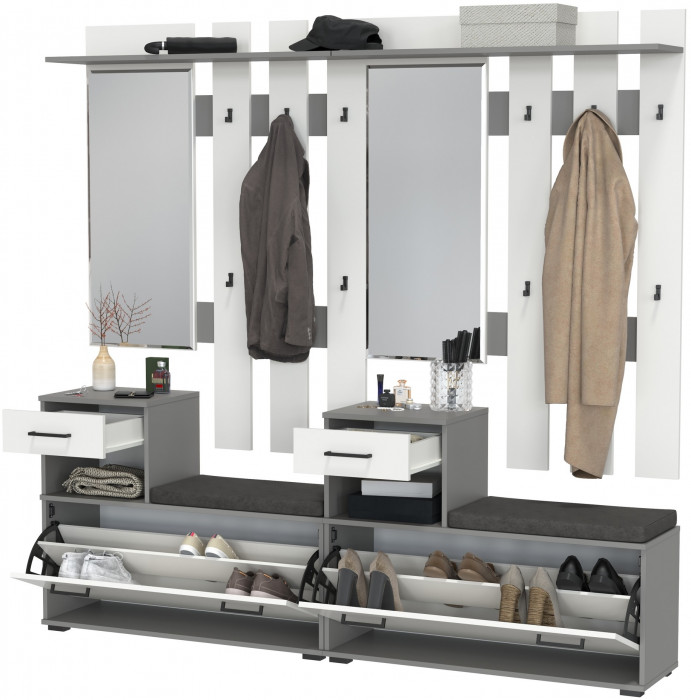 Лира ГК Прихожая 2 Два х Тумба под обувь + Два х Вешалка с зеркалом, графит/белый