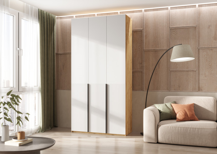 Марвэл Шкаф 3-х створчатый 1200, с доп.ящиками Браш Вайт, Дуб Крафт