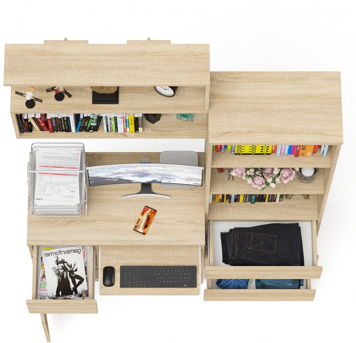 Мори Стол компьютерный МС-1 левый + Стеллаж МСТ600.3 + Полка 900, цвет дуб сонома, ШхГхВ 150,4х50х209,6 см., НЕ универсальная сборка