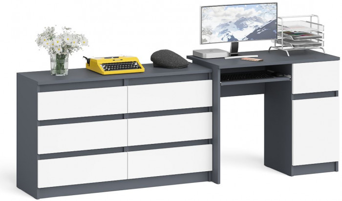 Мори Стол компьютерный МС-1 правый + Комод МК1200.6, цвет графит/белый, ШхГхВ 210,4х50х76,6 см., выдвижной ящик справа, НЕ универсальная сборка