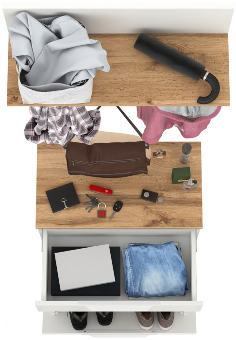 Октава 16.127 Тумба для обуви + 15.14.01 Вешалка + 15.14.02, цвет белый шагрень/дуб крафт золотой/фасады МДФ белый шагрень, ШхГхВ 64,9х35,4х197 см.