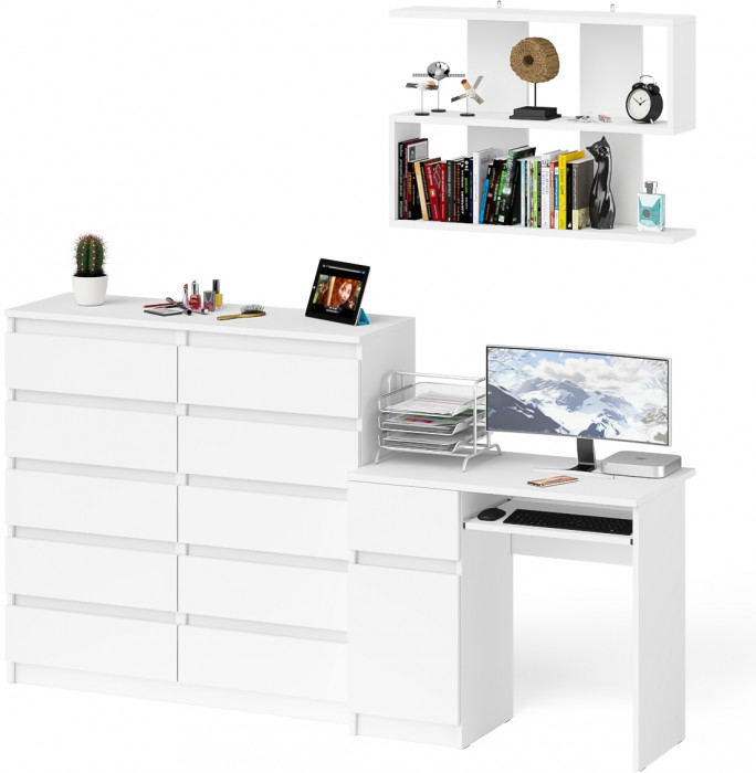 Мори Стол компьютерный МС-1 левый + Комод МК1200.10 + Полка 900, цвет белый, ШхГхВ 210,4х50х209,6 см., НЕ универсальная сборка