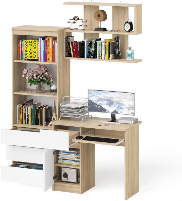 Мори Стол компьютерный МС-1 левый + Стеллаж МСТ600.3 + Полка 900, цвет дуб сонома/белый, ШхГхВ 150,4х50х209,6 см., НЕ универсальная сборка