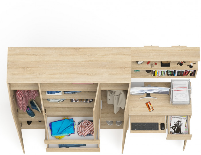 Мори Стол компьютерный МС-1 правый + Шкаф МШ1600.1 + Полка 900, цвет дуб сонома, ШхГхВ 250,4х50,4х209,6 см., НЕ универсальная сборка