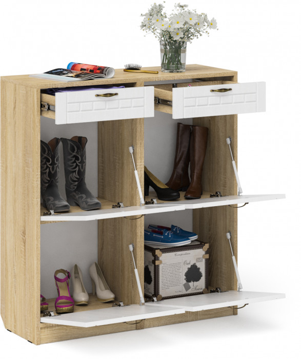 Прихожая П-6 Тумба для обуви 2 секции + Тумба для обуви 2 секции, цвет дуб сонома/фасады МДФ белое дерево фрезеровка прованс, ШхГхВ 100х35х108,3 см