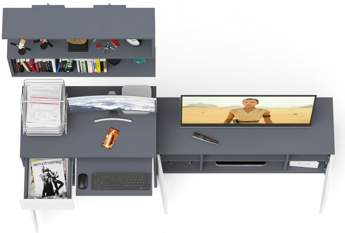 Мори Стол компьютерный МС-1 левый + Тумба МТВ1200.1 + Полка 900, цвет графит/белый, ШхГхВ 210,4х50х209,6 см., НЕ универсальная сборка