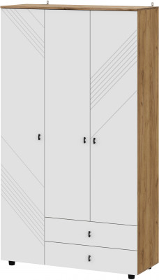 Шкаф трехстворчатый с ящиками Байкал, Дуб Золотой, Белый матовый