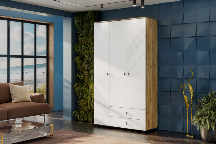 Шкаф трехстворчатый с ящиками Байкал, Дуб Золотой, Белый матовый