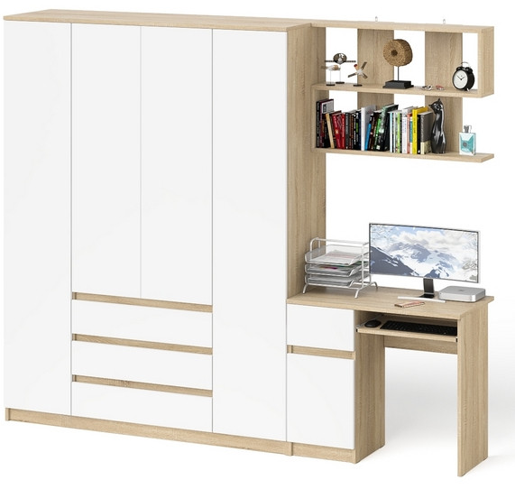 Мори Стол компьютерный МС-1 правый + Шкаф МШ1600.1 + Полка 900, цвет дуб сонома/белый, ШхГхВ 250,4х50,4х209,6 см., НЕ универсальная сборка