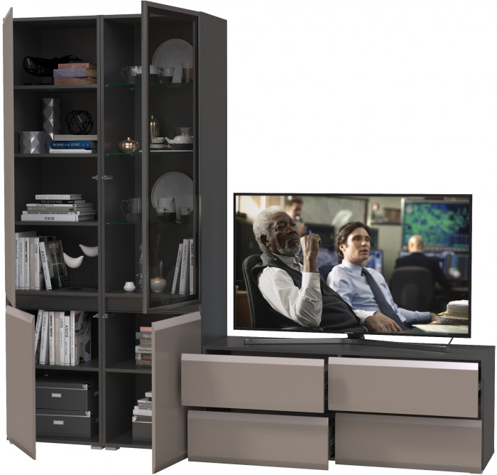 Сидней Комплектация № 013, цвет корпус: антрацит/фасады: МДФ веллюто капучино, ШхГхВ 229,9х41,3х205,2 см., ниша для ТВ 129х41х100 см., универс. сборка