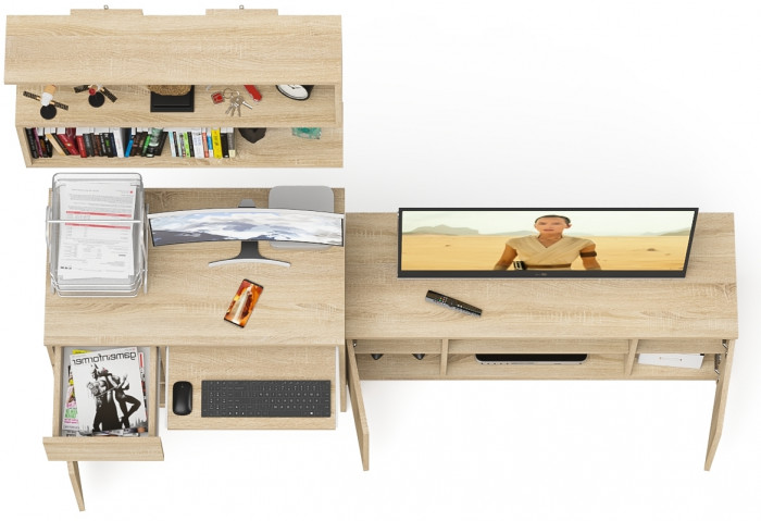 Мори Стол компьютерный МС-1 левый + Тумба МТВ1200.1 + Полка 900, цвет дуб сонома, ШхГхВ 210,4х50х209,6 см., НЕ универсальная сборка