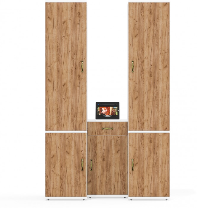 Лидер-8 Пенал МД 23Б + Пенал МД 23Б + Тумба МД 3.15, цвет белый шагрень/крафт золото, ШхГхВ 120х50х190 см., универсальная сборка