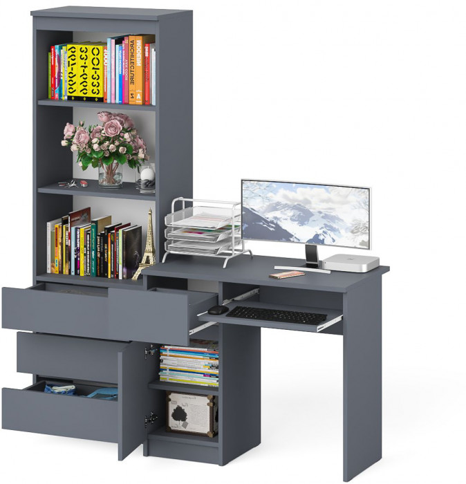 Мори Стол компьютерный МС-1 левый + Стеллаж МСТ600.3, цвет графит, ШхГхВ 150,4х50х179,6 см., выдвижной ящик слева, НЕ универсальная сборка