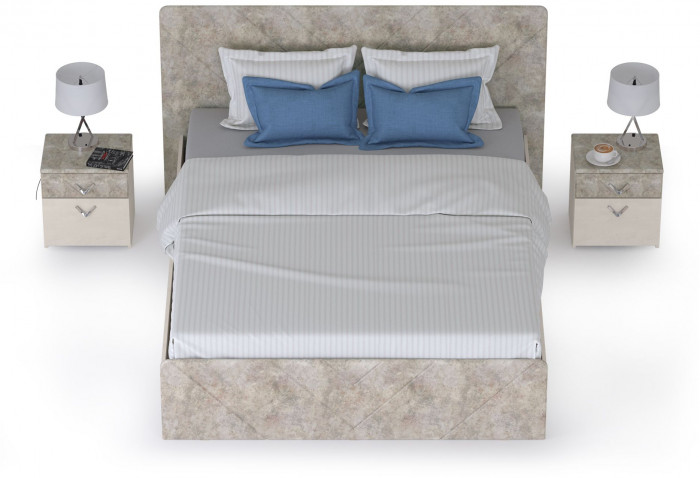 Амели Кровать 11.31 + подъёмный ортопед + две тумбочки, цвет шёлковый камень/бетон чикаго беж, ШхГхВ 263,4х205,2х104,3 см., сп. м. 1600х2000 мм., б/м