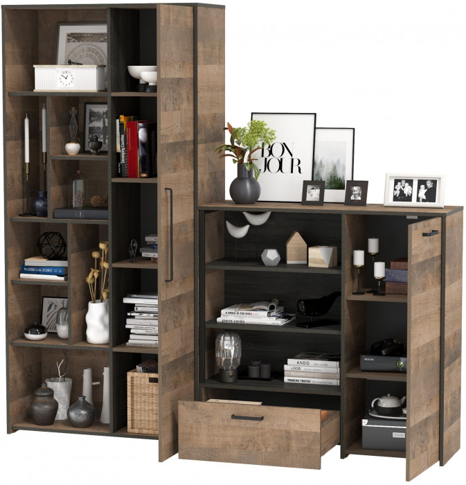 Трувор 13.206 Шкаф-стеллаж + 13.307.01 Комод, цвет дуб гранж песочный/интра, ШхГхВ 202х37х194,2 см., универсальная сборка