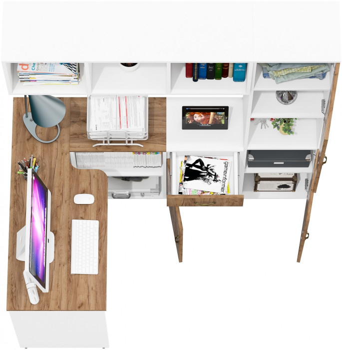 Лидер-8 Стол + Полка + Тумба МД 3.15 + Пенал, цвет белый шагрень/крафт золото, ШхГхВ 370х50/30х75/190 или 230х50/120х75/190 см., НЕ универс. сб.