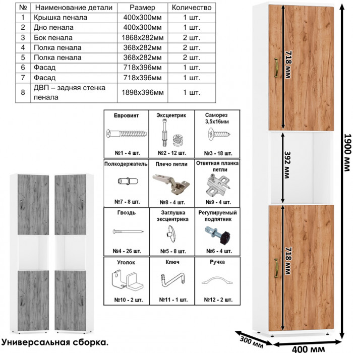 Лидер-8 Стол + Полка + Тумба МД 3.15 + Пенал, цвет белый шагрень/крафт золото, ШхГхВ 370х50/30х75/190 или 230х50/120х75/190 см., НЕ универс. сб.