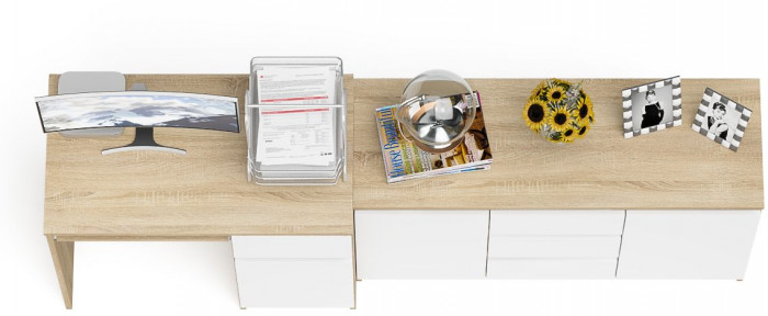 Мори Стол компьютерный МС-1 правый + Комод МК1200.3, цвет дуб сонома/белый, ШхГхВ 210,4х50х76,6 см., выдвижной ящик справа, НЕ универсальная сборка