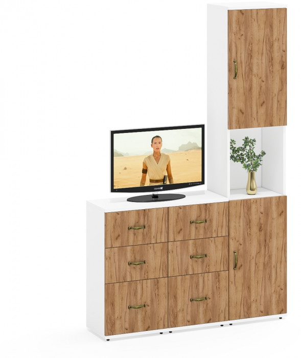 Лидер-8 Пенал + Тумба МД 3.16 + Тумба МД 3.16, цвет белый шагрень/крафт золото, ШхГхВ 120х50х190 см., универсальная сборка