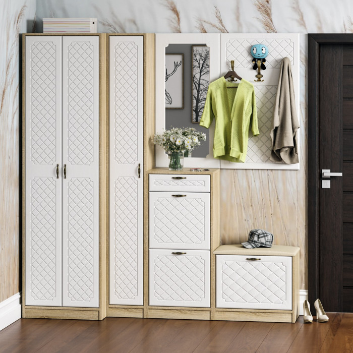 Прихожая П-6 Зеркало, цвет МДФ белое дерево фрезеровка ромб, ШхГхВ 50х1,6х102 см.